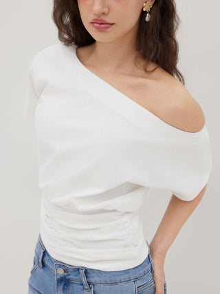 Cotton-blend Asymmetrical Neck Ruched Tee