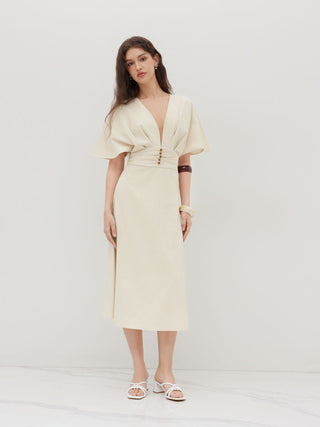 Wedding Wedding Guest Dress wedding guest wedding Linen-blend Linen-blend V-neck Solid Ruffle Ruched Midi Dress For Work