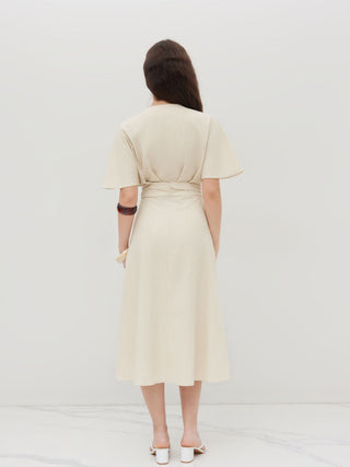 Wedding Wedding Guest Dress wedding guest wedding Linen-blend Linen-blend V-neck Solid Ruffle Ruched Midi Dress For Work