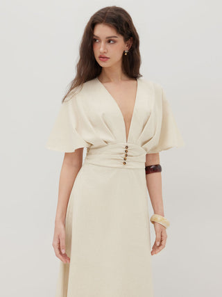 Wedding Wedding Guest Dress wedding guest wedding Linen-blend Linen-blend V-neck Solid Ruffle Ruched Midi Dress For Work