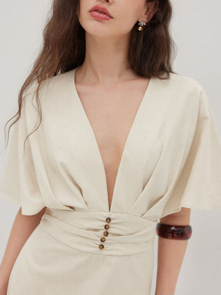 Wedding Wedding Guest Dress wedding guest wedding Linen-blend Linen-blend V-neck Solid Ruffle Ruched Midi Dress For Work