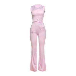 Crewneck heart hollow out ruched pant set