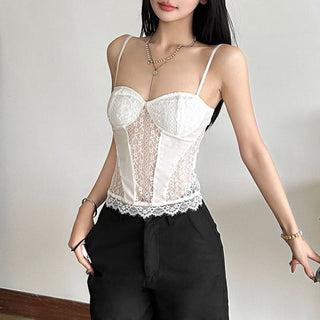 Lace hem v neck mesh backless cami top
