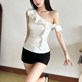 One shoulder ruffle irregular ruched solid top