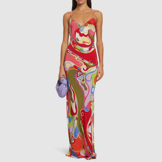 Slit deep v neck print cami maxi dress