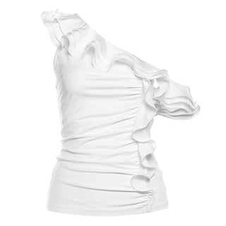 One shoulder ruffle irregular ruched solid top