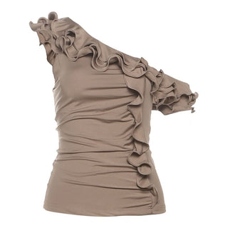 One shoulder ruffle irregular ruched solid top