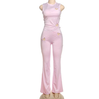 Crewneck heart hollow out ruched pant set