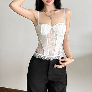 Lace hem v neck mesh backless cami top