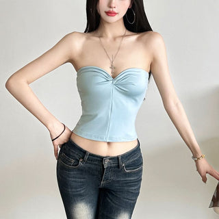Sweetheart neck ruched solid tube crop top