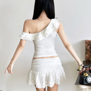 One shoulder ruffle irregular ruched solid top