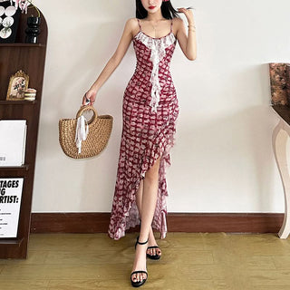 Plaid slit lace hem u neck butterfly print midi dress