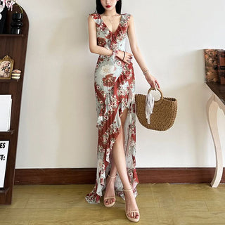 Irregular slit v neck flower print midi dress