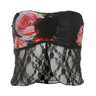 Ruffle flower applique print lace hem tube top