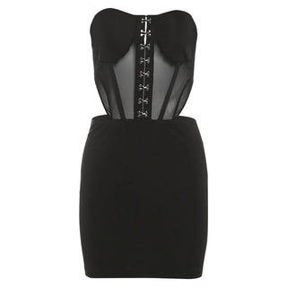 Hollow out button mesh tube cut out mini dress