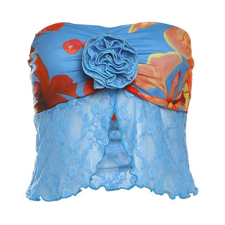 Ruffle flower applique print lace hem tube top