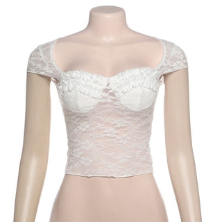 Lace cap sleeve v neck solid crop top