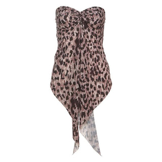 Sweetheart neck ruched slit leopard print tube top