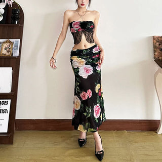 Ruffle flower applique print lace hem tube top