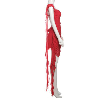 Square neck ruched mesh backless mini dress