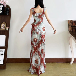 Irregular slit v neck flower print midi dress