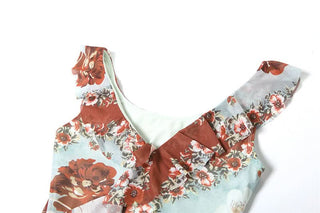 Irregular slit v neck flower print midi dress