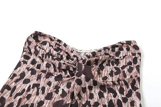 Sweetheart neck ruched slit leopard print tube top