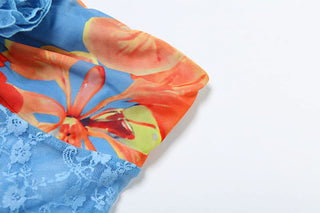 Ruffle flower applique print lace hem tube top