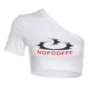 Short sleeve one shoulder letter pattern top