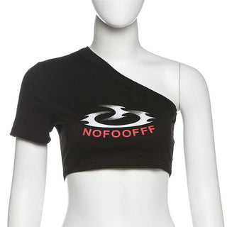 Short sleeve one shoulder letter pattern top