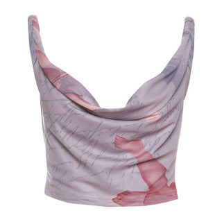 Cowl neck print contrast backless tank top