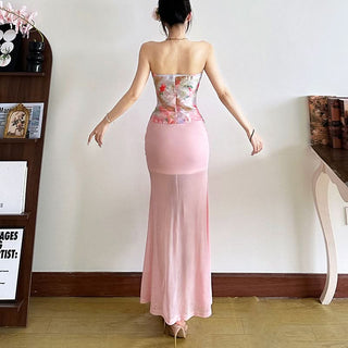 Print zip-up backless contrast tube top