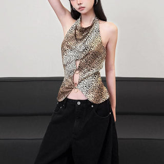 Leopard print halter button o ring hollow out cut out top