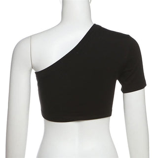 Short sleeve one shoulder letter pattern top