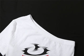 Short sleeve one shoulder letter pattern top