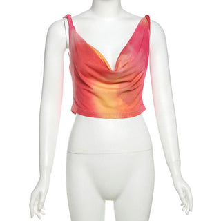 Cowl neck print contrast backless tank top