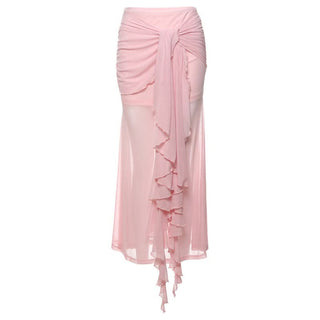 Ruched mesh ruffle irregular midi skirt