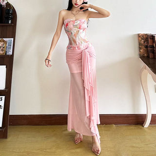 Ruched mesh ruffle irregular midi skirt