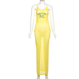 Sheer mesh letter pattern u neck cami maxi dress