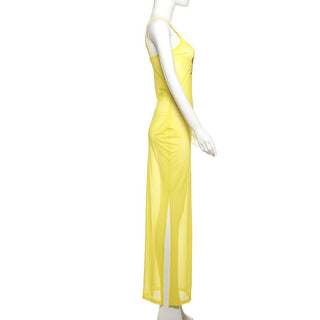 Sheer mesh letter pattern u neck cami maxi dress