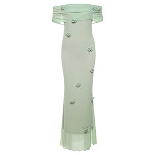 Off shoulder ruffle flower applique ruched maxi dress