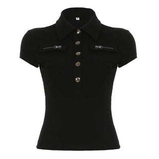 Turnover collar short sleeve button top