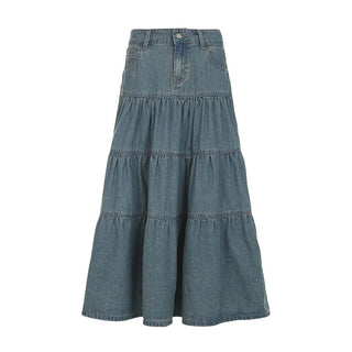 Ruched button pocket denim maxi skirt