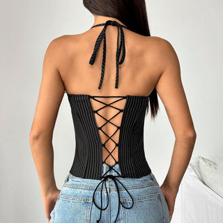 Striped print halter lace up corset top