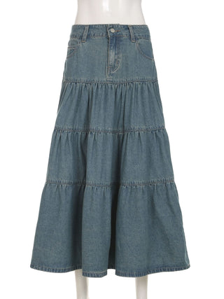 Ruched button pocket denim maxi skirt