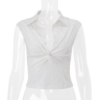 Turnover collar ruched cap sleeve top