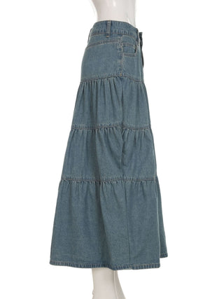 Ruched button pocket denim maxi skirt