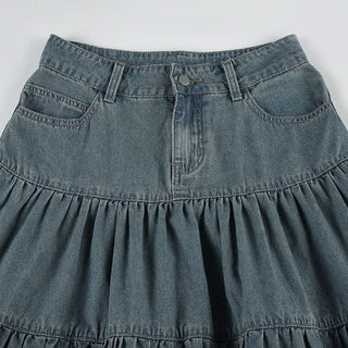 Ruched button pocket denim maxi skirt