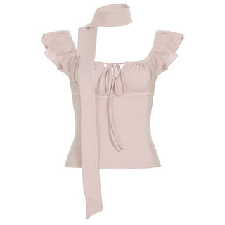 Square neck self tie ruched cap sleeve top