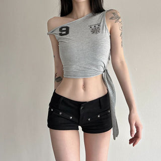 Off shoulder letter print knotted top